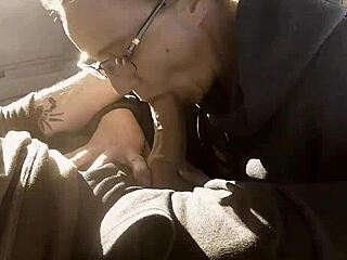 Nerdy Girl Sucks Him Off in Public Parking Lot Messily