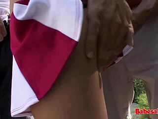 mae meyers blonde babe gets facial in outdoor threesome