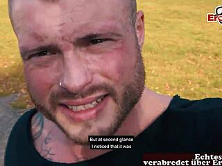 Sporty blonde with small tits in real German street casting