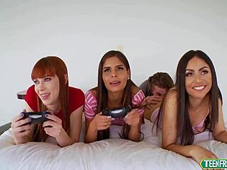 rose darling and katya rodriguez feel intense pleasure with alexa nova in gamer girls scene