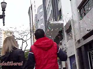 Watch my first gangbang in porn cinema! Multiple cocks cum in my mouth!