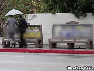 Gay office workers in uniforms enjoy a break together