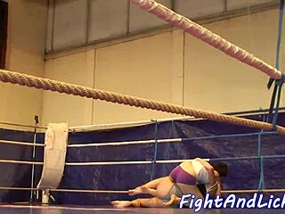 Lesbian eurobabes wrestle in boxing ring, asses bouncing