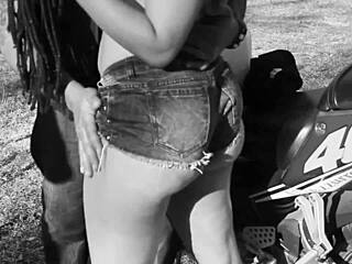 Layla Perez gags on big black cock on motorcycle