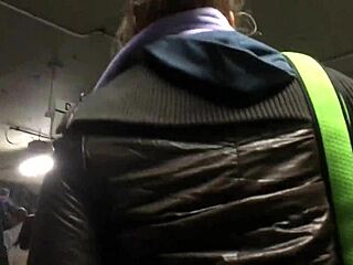 Touching brown nylon jacket on chubby woman part 1
