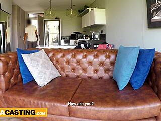 Petite redhead Latina casting sucks cock, rides wet pussy, and gets facial in POV lingerie scene