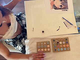 brunette milf gives amateur handjob leading to cumshot on her tits in cfnm setting