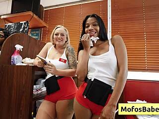 ebony chick elana bunnz shares huge cock with eden west in public diner