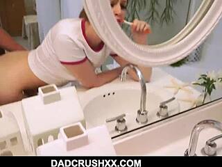 Teen stepdaughter brushes teeth in pov scene