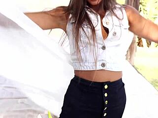 Gorgeous coed melena fingers her tight pink pussy outdoors!