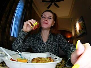 Enjoying French toast with a European redhead on live stream