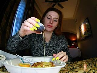 Enjoying French toast with a European redhead on live stream