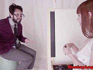 Petite beauty enjoys a relaxing floor session