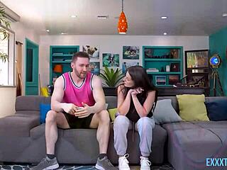 In this reality scene, cheerleader Aubree Valentine blows Sam Shock's big cock.