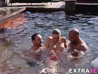 Teen beauty emma hix spit roasted intensely by two big dicks