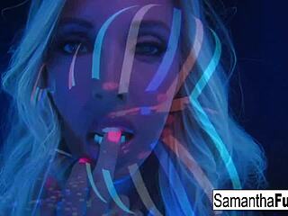samantha saint strips and rubs in hot black light solo scene