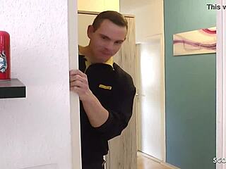 Hey, postman catches tight German teen 18+ and convinces her to bang!