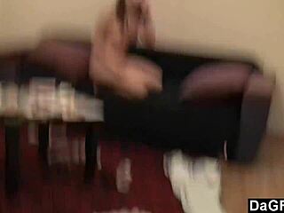 Young 18+ brunette lesbians explode with passion on sofa