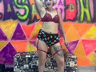 Sexy punk girl sits and bounces deep in public outdoor scene