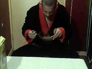 Morning breakfast turns into a shy solo cumshot surprise for this amateur guy.