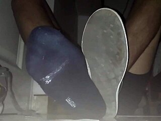 Blue Sweaty Socks And Barefeet With Cumshot