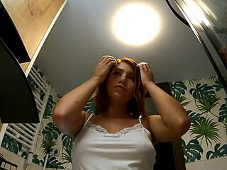 Hot Sexy Tight Pussy Redhead Girlfriend in Bathroom No Panties Tastes in Miniskirt