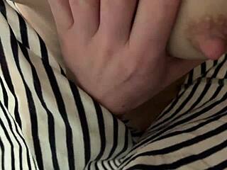 I rub stepsister's pussy with my cock for handjob and cumshot