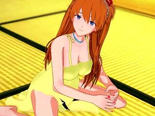 Horny asuka in yellow dress guides you through handjob session