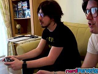 blonde stunner gives bjs to two nerds in group hardcore