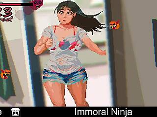 The immoral ninja engages in erotic oral comedy with his partner in the dojo.