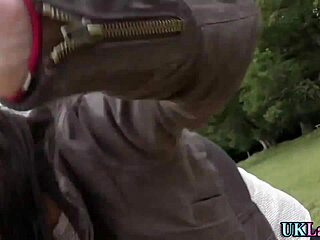 British babe in heels and stockings receives outdoor blowjob and facial