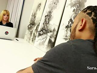 Big butt boss Sara Jay milks employee's monster cock with bent-over blowjob.