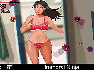 The immoral ninja engages in erotic oral comedy with his partner in the dojo.