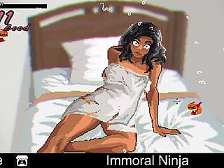 The immoral ninja engages in erotic oral comedy with his partner in the dojo.