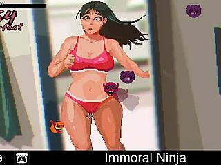 The immoral ninja engages in erotic oral comedy with his partner in the dojo.