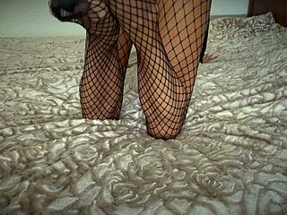 slender beauty in pantyhose rides tight rubber cock on big ass