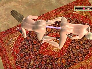 Animated Lesbian Girls Kiss and Fuck with Double Dildo in 3D