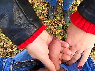 Caught jerking off, cute teen 18+ gives risky public handjob in forest - Nata Sweet