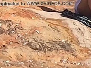 Brazilian novinha watched having public sex on beach rocks interrupted by third guy