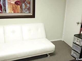 brunette milf gives pov handjob at office work