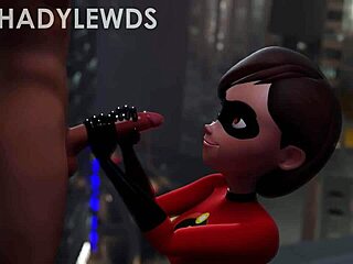 Helen parr gives a handjob on the rooftop in this hentai scene