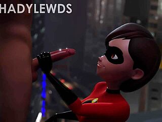Helen parr gives a handjob on the rooftop in this hentai scene