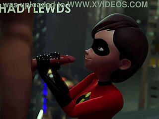 Helen parr gives a handjob on the rooftop in this hentai scene