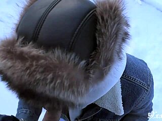 Sexy blonde slut gives pov blowjob and swallows cum outside in snow