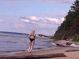 Beautiful Blonde Amateur In Workout Costume Charges Into The Sea For A Refreshing Bath!
