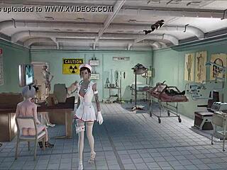 Brunette Teen Nurse Rips Clothes for Sexy Striptease in Fallout 4 Hospital with Patient Teasing