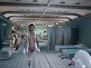 Brunette Teen Nurse Rips Clothes for Sexy Striptease in Fallout 4 Hospital with Patient Teasing