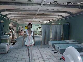 Brunette Teen Nurse Rips Clothes for Sexy Striptease in Fallout 4 Hospital with Patient Teasing