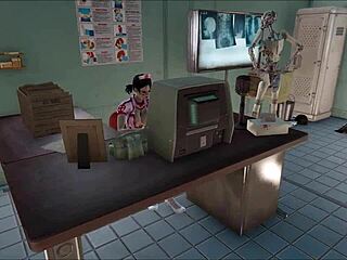 Brunette Teen Nurse Rips Clothes for Sexy Striptease in Fallout 4 Hospital with Patient Teasing