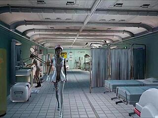 Brunette Teen Nurse Rips Clothes for Sexy Striptease in Fallout 4 Hospital with Patient Teasing